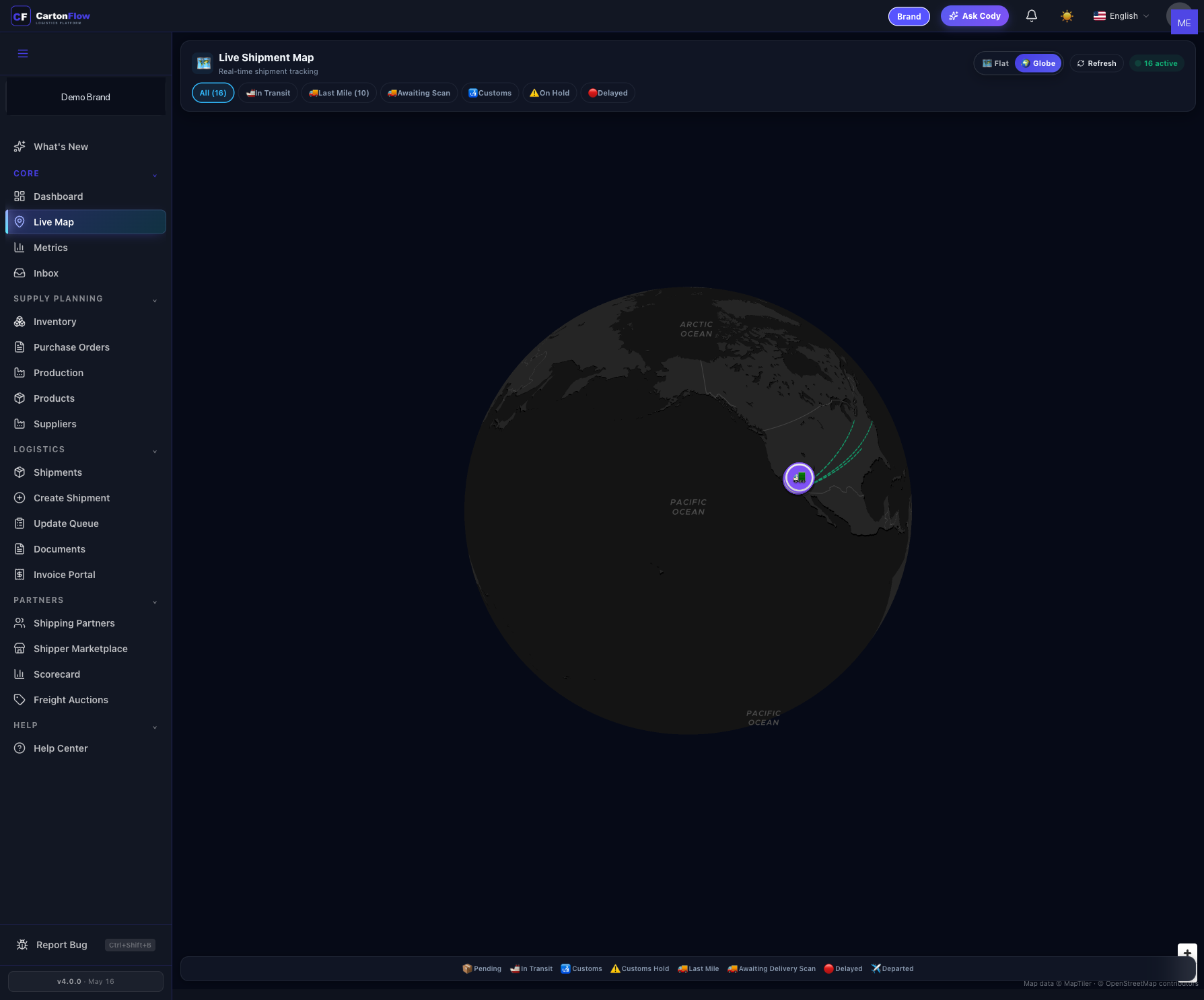 Live shipment map with globe view and vessel tracking