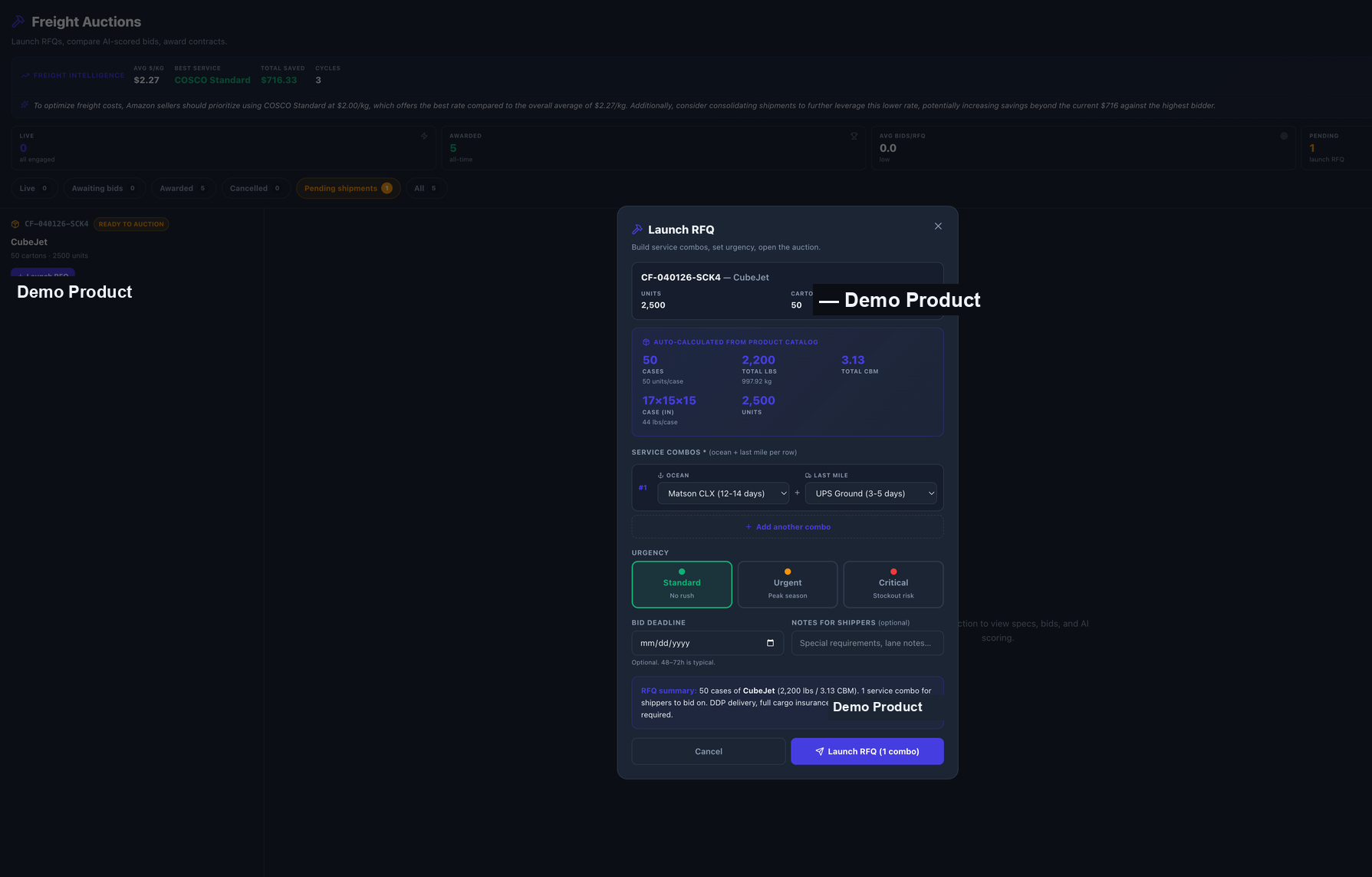Launch RFQ modal with AI freight intelligence and service combo picker